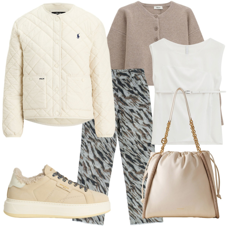 Outfit donna - Comoda ma con stile. Stile Casual per Tutti i giorni. Abbinamento con top, shopping bag, cardigans, pantaloni, giacche, sneakers.