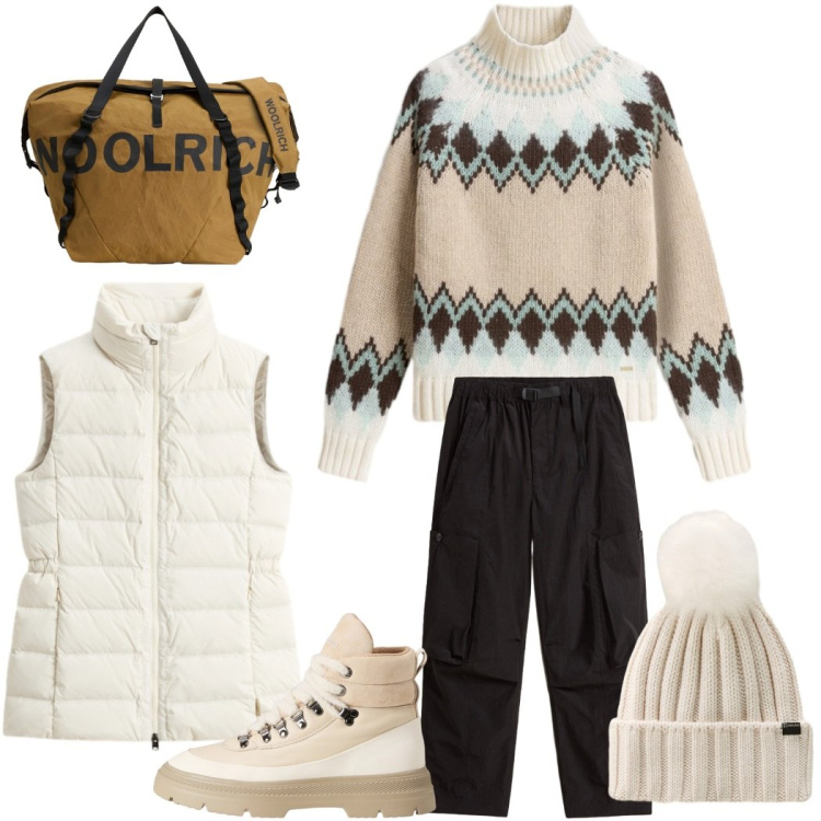 Outfit donna - Weekend fuori città. Stile Casual chic per Tutti i giorni. Abbinamento con maglieria, borse sportive, pantaloni cargo, berretti, anfibi, gilet.