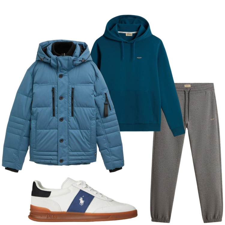 Outfit uomo - Total look #2285377. Stile Urban per Sport. Abbinamento con piumini, sneakers, pantaloni, felpe con cappuccio.