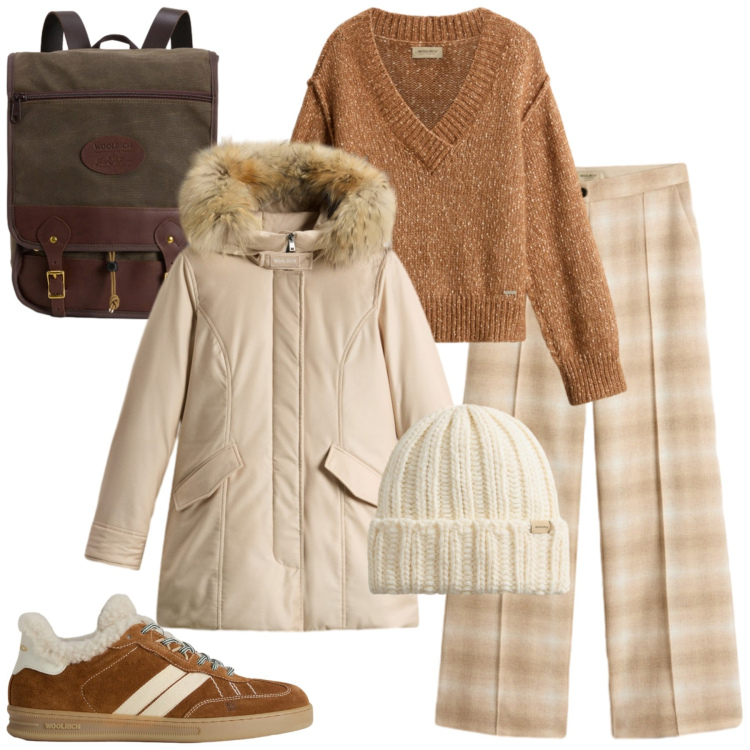Outfit donna - Woolrich. Stile Glamour per Tutti i giorni. Abbinamento con pantaloni, sneakers, zaini, maglieria, berretti, parka.