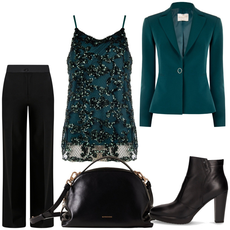 Outfit donna - Verde bosco in inverno. Stile Glamour per Serata fuori. Abbinamento con blazer, pantaloni a palazzo, canottiere, borse a mano, stivaletti.
