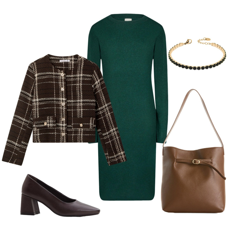 Outfit donna - Autunno. Stile Bon Ton per Ufficio. Abbinamento con décolleté, borse a mano, blazer, braccialetti, vestiti midi/longuette.
