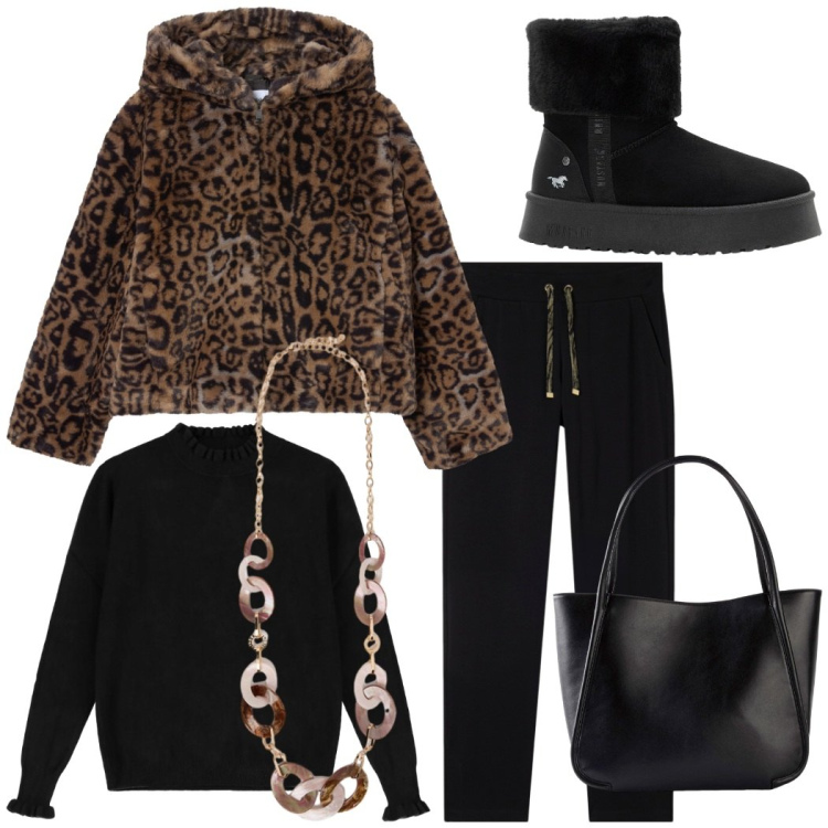 Outfit donna - Grintosa e sofisticata. Stile Trendy per Tutti i giorni. Abbinamento con shopping bag, stivaletti, ecopellicce, pantaloni, maglieria, collane.