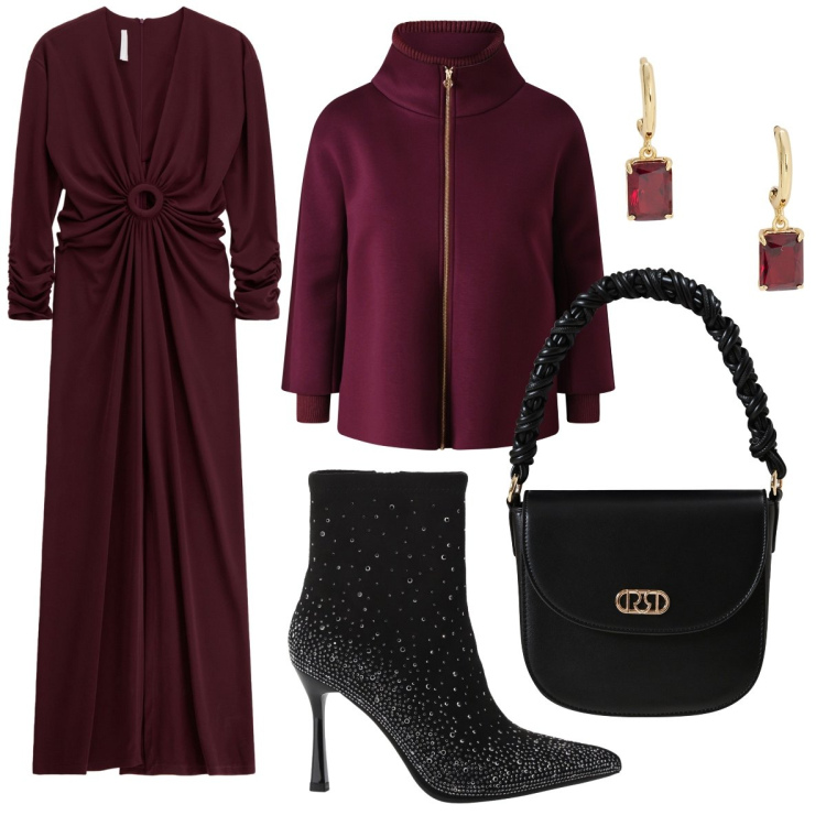 Outfit donna - Bordeaux. Stile Chic per Serata fuori. Abbinamento con cappe, borse a mano, vestiti lunghi, stivaletti, orecchini.