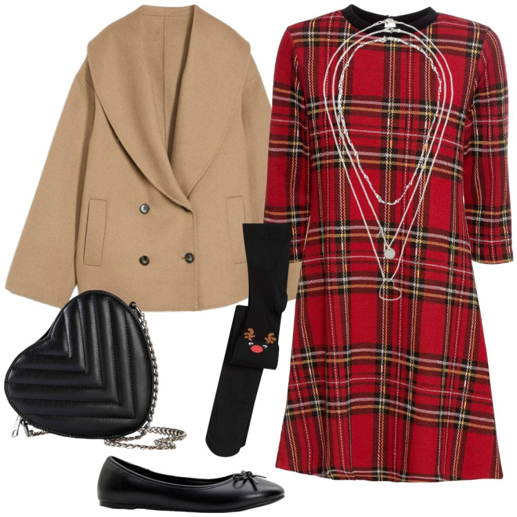 Outfit donna - Abito scozzese. Stile Romantica per Tutti i giorni. Abbinamento con vestiti corti, ballerine, borse a tracolla, blazer, collant, collane.