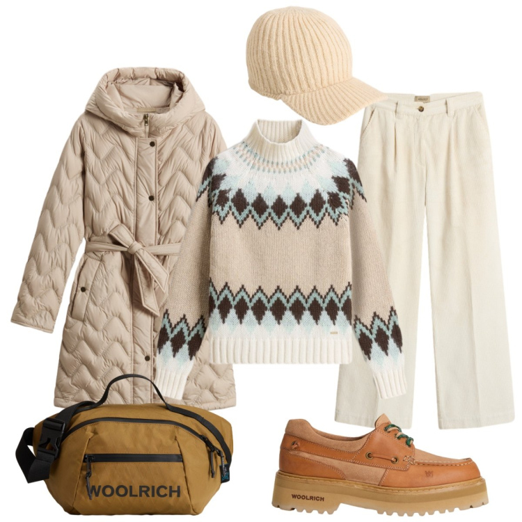 Outfit donna - Sto calda!!. Stile Casual chic per Tutti i giorni. Abbinamento con pantaloni, borse a tracolla, maglieria, cappelli, mocassini, parka.