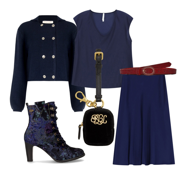 Outfit donna - Total look #2285389. Stile Chic per Serata fuori. Abbinamento con blazer, cinture, top, gonne longuette, pochette, stivaletti.