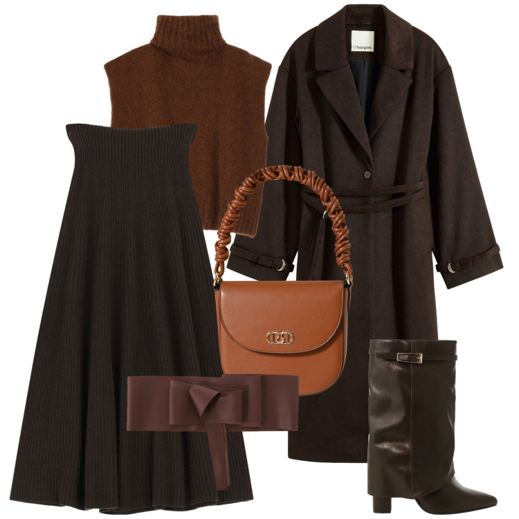 Outfit donna - A tutta maglia di sera. Stile Glamour per Serata fuori. Abbinamento con cappotti, borse a mano, gonne lunghe, stivali, cinture, maglieria.