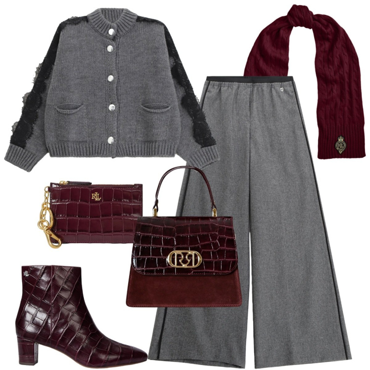Outfit donna - A novembre con gli stivaletti. Stile Casual chic per Ufficio. Abbinamento con borse a mano, pantaloni, cardigans, stivaletti, sciarpe, portafogli.