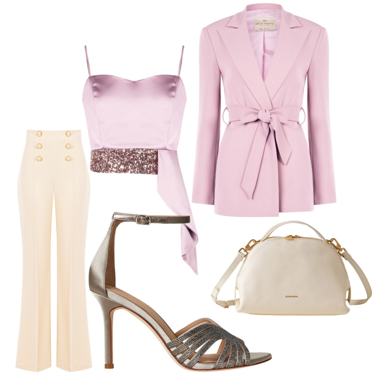 Outfit donna - Total look #2285399. Stile Chic per Serata fuori. Abbinamento con top, pantaloni, blazer, borse a mano, sandali gioiello.