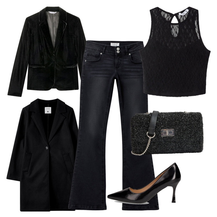 Outfit donna - Capi più cool firmati Terranova!. Stile Trendy per Serata fuori. Abbinamento con top, jeans a zampa, cappotti, blazer, borse a tracolla, décolleté.