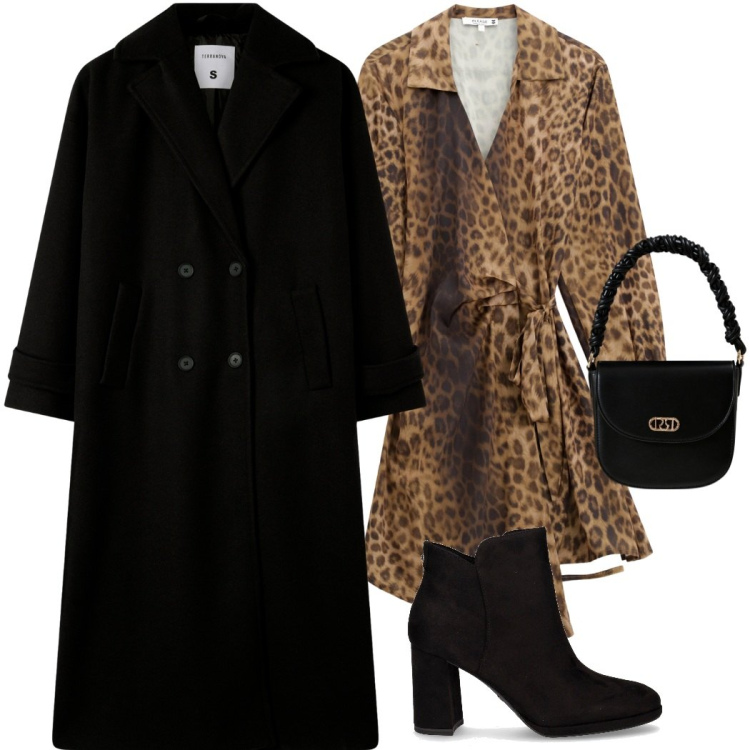 Outfit donna - Animalier. Stile Casual chic per Serata fuori. Abbinamento con vestiti corti, borse a mano, cappotti, stivaletti.