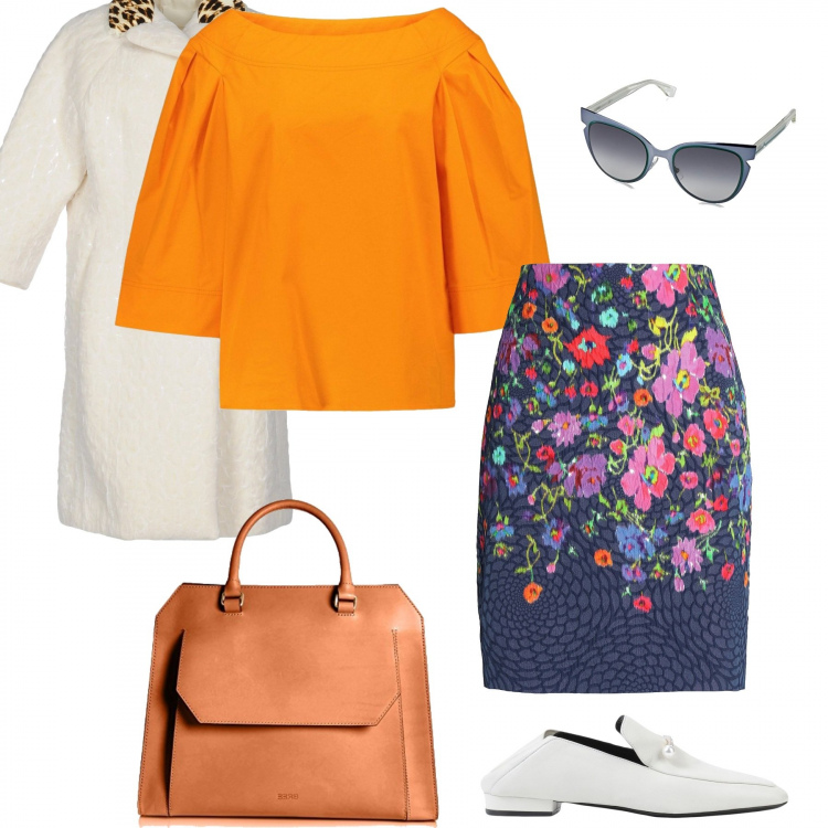 Outfit donna - Chic #928. Stile Chic per Tutti i giorni. Abbinamento con gonna al ginocchio fantasia floreale con zip interno foderato jacquard, blusa in cotone tinta unita, cappotto doppiopetto collo con revers a maniche lunghe interno foderato in velluto tinta unita, mocassini contrasto senza tacco con punta quadrata tinta unita, borsa marrone, occhiali da sole blu.