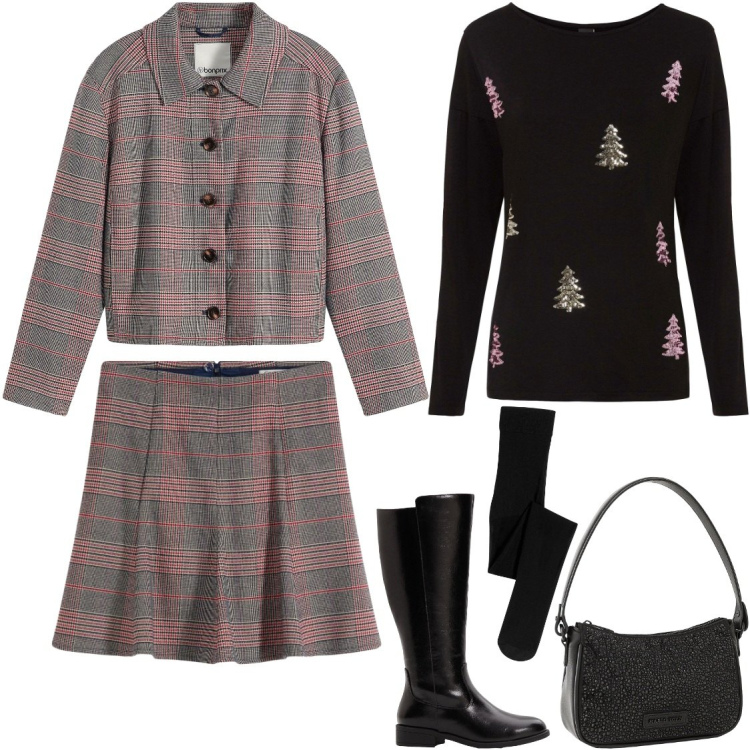 Outfit donna - La maglia natalizia. Stile Trendy per Tutti i giorni. Abbinamento con minigonne, borse a mano, cappotti, maglieria, collant, stivali.