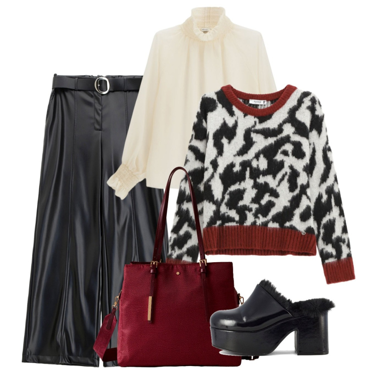 Outfit donna - Pull maculato. Stile Bon Ton per Ufficio. Abbinamento con pullovers, pantaloni, shopping bag, camicie, sabot.