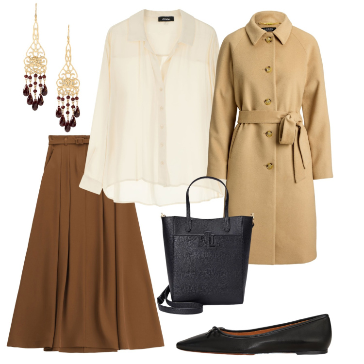 Outfit donna - Total look #2285416. Stile Bon Ton per Ufficio. Abbinamento con gonne lunghe, camicie, orecchini, ballerine, cappotti, borse tote.