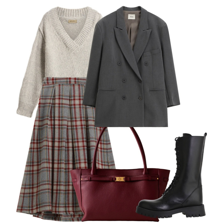 Outfit donna - La gonna a pieghe. Stile Bon Ton per Tutti i giorni. Abbinamento con shopping bag, blazer, stivali, gonne lunghe, maglieria.