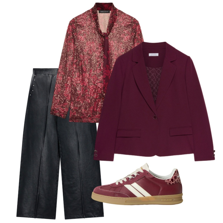 Outfit donna - Ufficio. Stile Bon Ton per Ufficio. Abbinamento con pantaloni a palazzo, sneakers, camicie, blazer.