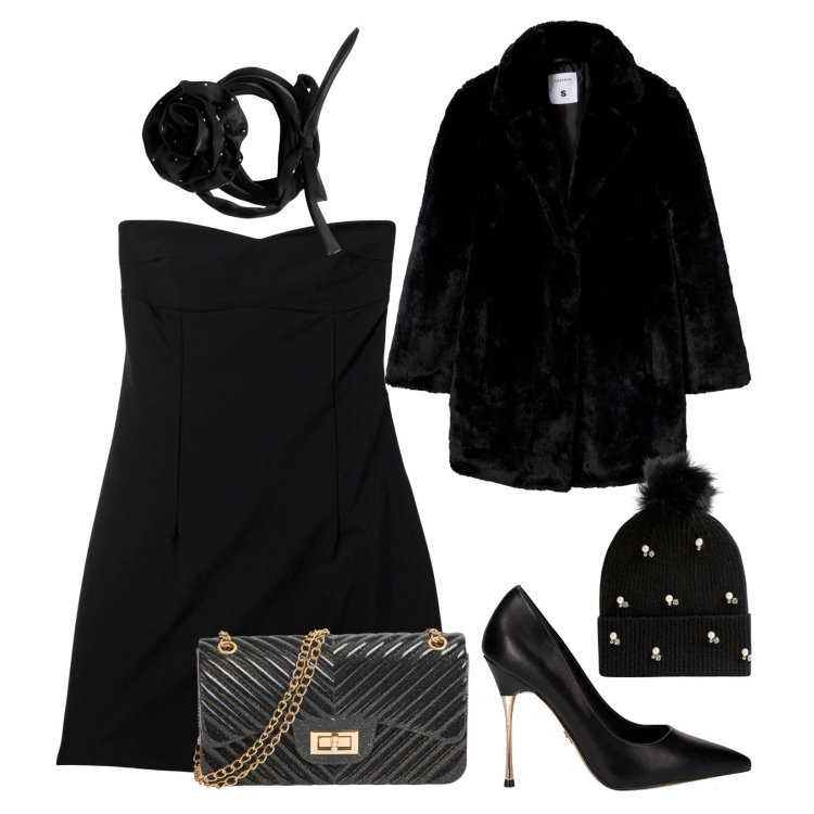 Outfit donna - Serata glamour!. Stile Glamour per Serata fuori. Abbinamento con cappotti, vestiti corti, berretti, collane, borse a tracolla, décolleté.