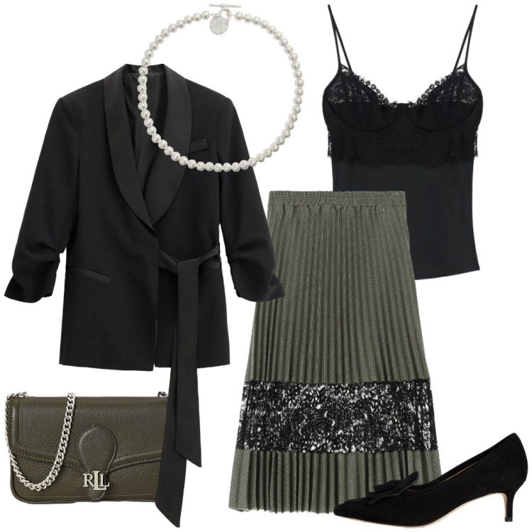 Outfit donna - Serata a teatro. Stile Chic per Serata fuori. Abbinamento con blazer, canottiere, gonne longuette, collane, clutch, décolleté.