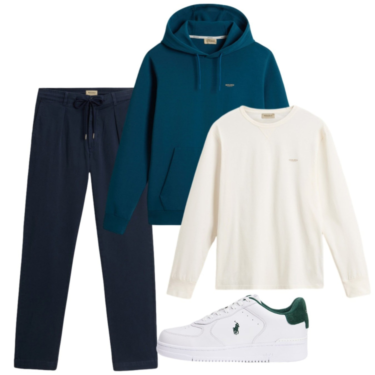 Outfit uomo - Sporty. Stile Casual per Sport. Abbinamento con sneakers, t-shirt, pantaloni, felpe con cappuccio.