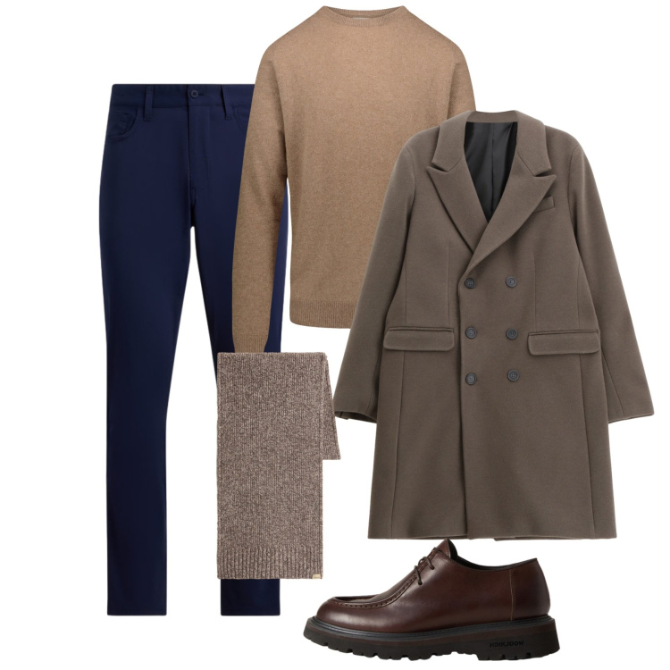 Outfit uomo - Autunno. Stile Casual per Tutti i giorni. Abbinamento con cappotti, pantaloni, scarpe stringate, sciarpe, maglieria.