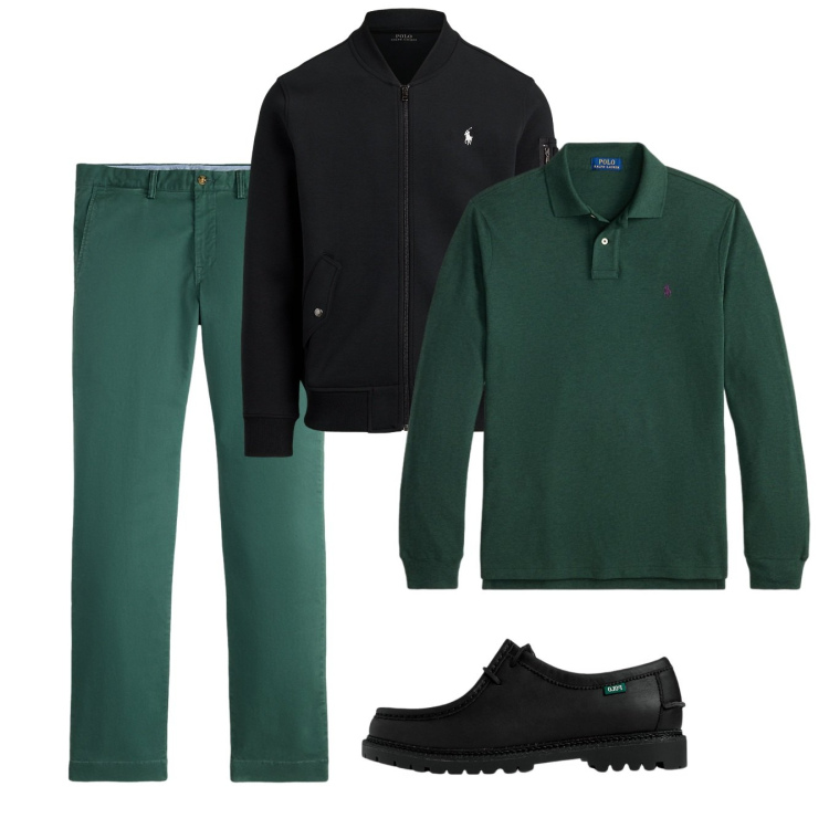 Outfit uomo - Green. Stile Casual per Tutti i giorni. Abbinamento con scarpe stringate, pantaloni chino, polo, bomber.