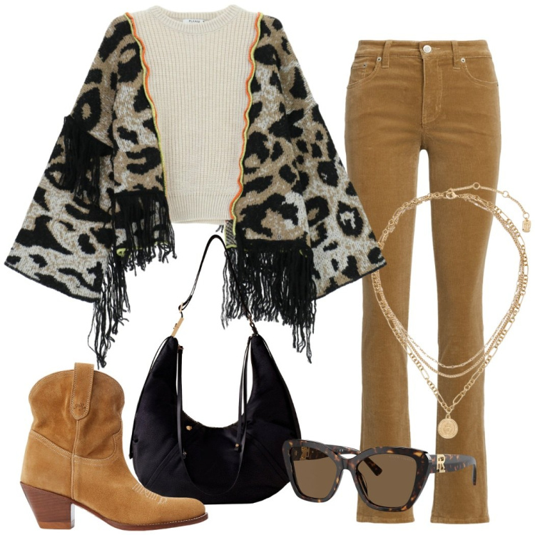 Outfit donna - Cozy & chic. Stile Casual chic per Tutti i giorni. Abbinamento con cardigans, borse a spalla, pantaloni, stivaletti, occhiali da sole, ciondoli.