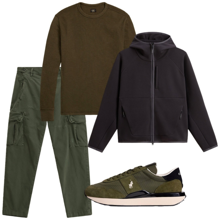 Outfit uomo - Autunno. Stile Casual per Tutti i giorni. Abbinamento con pantaloni cargo, maglieria, sneakers, felpe con cappuccio.