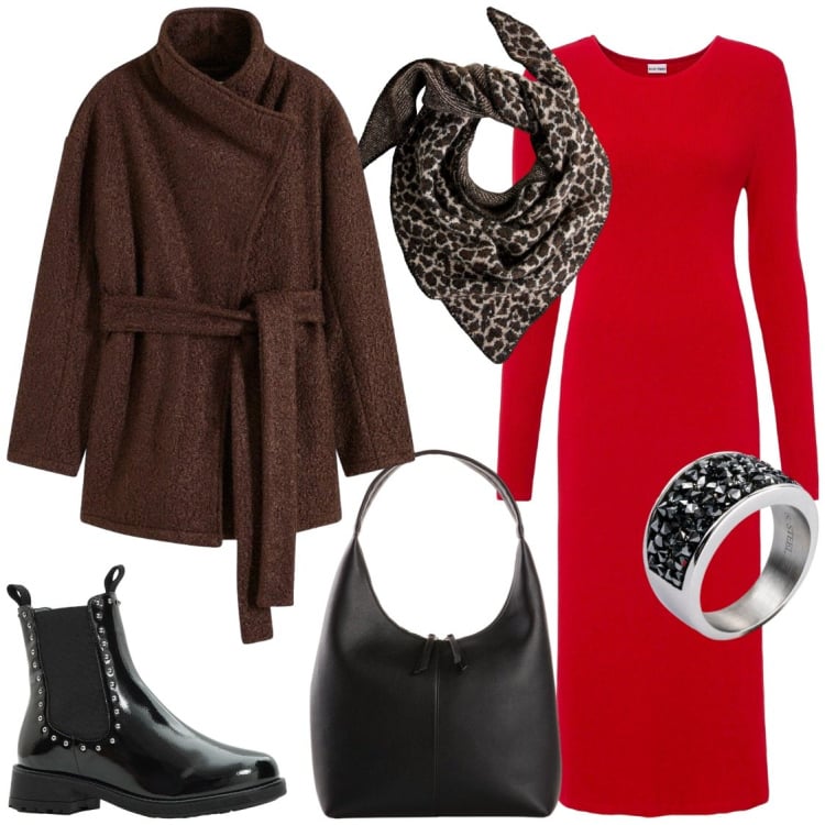 Outfit donna - Maxi dress. Stile Minimal per Tutti i giorni. Abbinamento con vestiti, blazer, shopping bag, sciarpe, anelli, stivaletti chelsea.