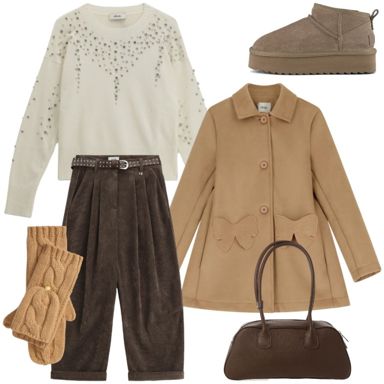 Outfit donna - Total look #2285438. Stile Trendy per Tutti i giorni. Abbinamento con maglieria, cappotti, borse a mano, pantaloni a palazzo, guanti, stivaletti.