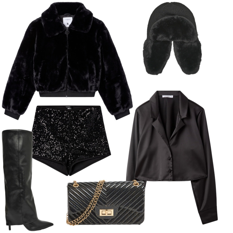Outfit donna - Black Friday pensando a capodanno. Stile Glamour per Serata fuori. Abbinamento con shorts, camicie, stivali, ecopellicce, berretti, borse a tracolla.