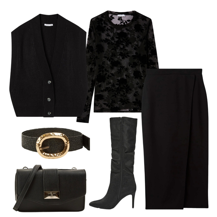 Outfit donna - Total black!. Stile Trendy per Serata fuori. Abbinamento con t-shirt, gonne longuette, cinture, borse a tracolla, stivali, maglieria.