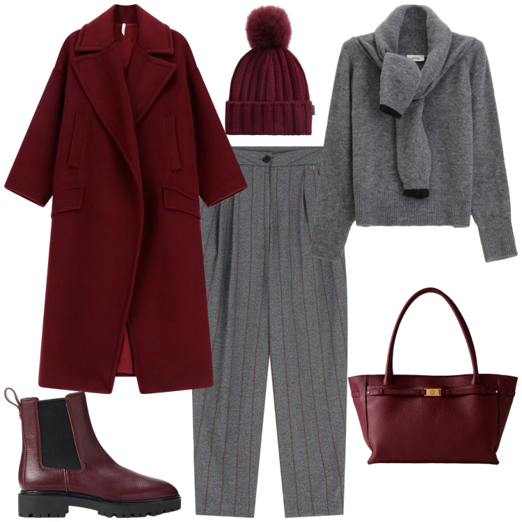 Outfit donna - Bordeaux e grigio. Stile Casual chic per Tutti i giorni. Abbinamento con cappotti, shopping bag, maglieria, pantaloni, stivaletti chelsea, berretti.