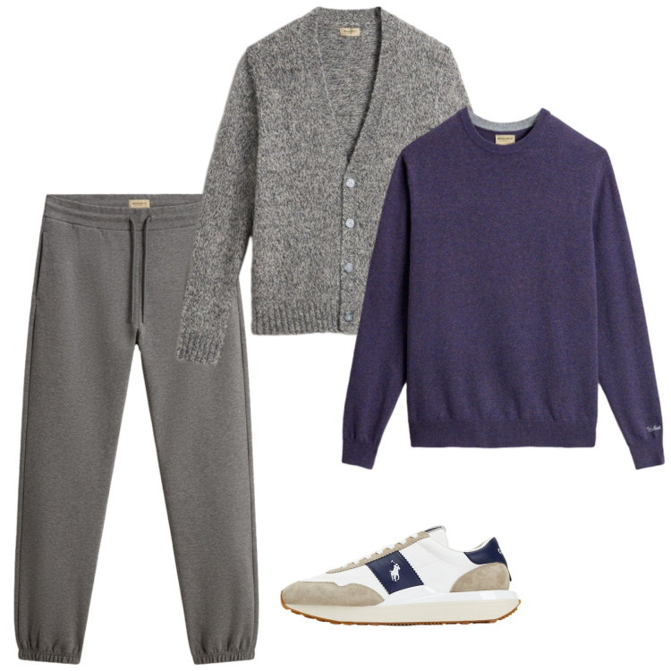 Outfit uomo - Viola. Stile Casual per Tutti i giorni. Abbinamento con sneakers, pantaloni, cardigans, maglieria.