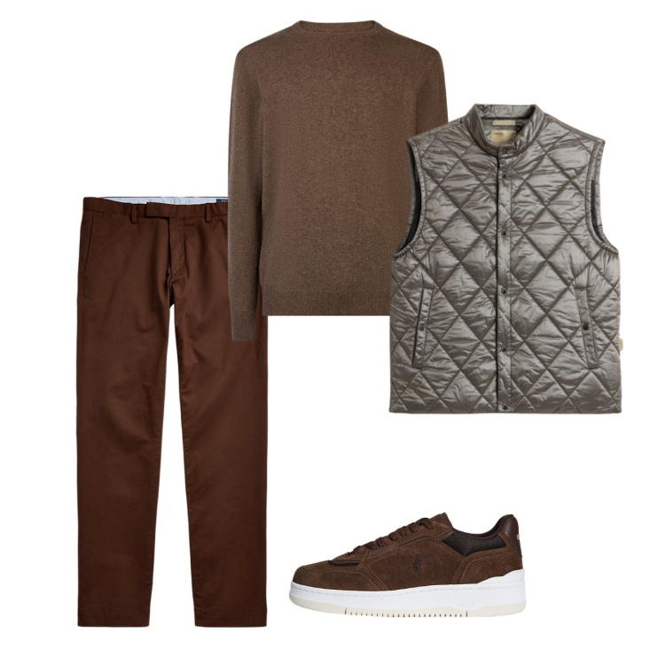 Outfit uomo - Novembre. Stile Casual per Tutti i giorni. Abbinamento con pantaloni chino, sneakers, gilet, maglieria.