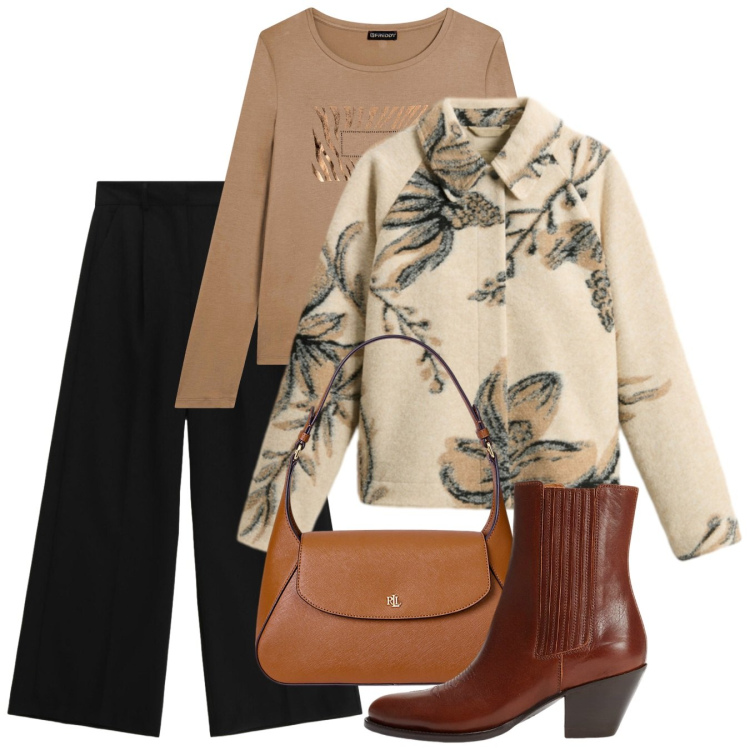 Outfit donna - Total look #2285445. Stile Bon Ton per Ufficio. Abbinamento con t-shirt, pantaloni a palazzo, stivaletti texani, borse a spalla, cappotti.