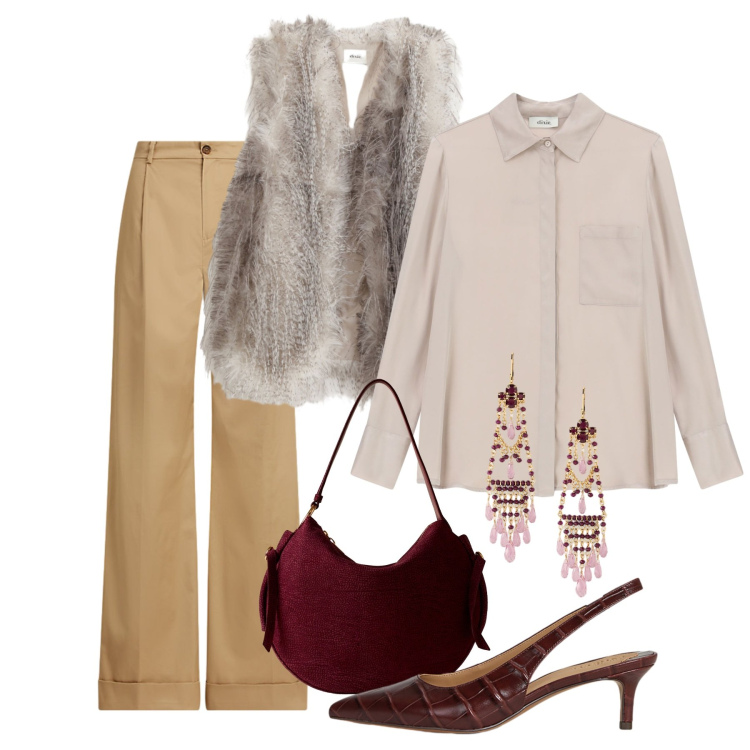 Outfit donna - Serata easy. Stile Chic per Serata fuori. Abbinamento con borse a spalla, gilet, camicie, pantaloni, décolleté, orecchini.