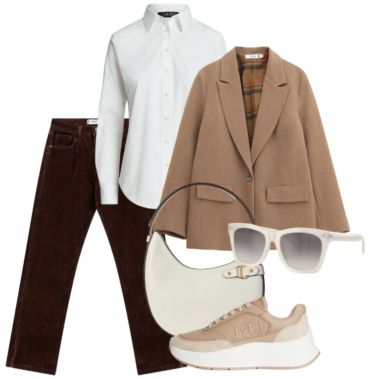 Outfit donna - Mannish chic. Stile Mannish per Tutti i giorni. Abbinamento con pantaloni, blazer, camicie, sneakers, occhiali da sole, borse a spalla.