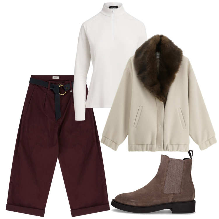 Outfit donna - Large. Stile Urban per Tutti i giorni. Abbinamento con pantaloni, cappotti, pullovers, stivaletti chelsea.