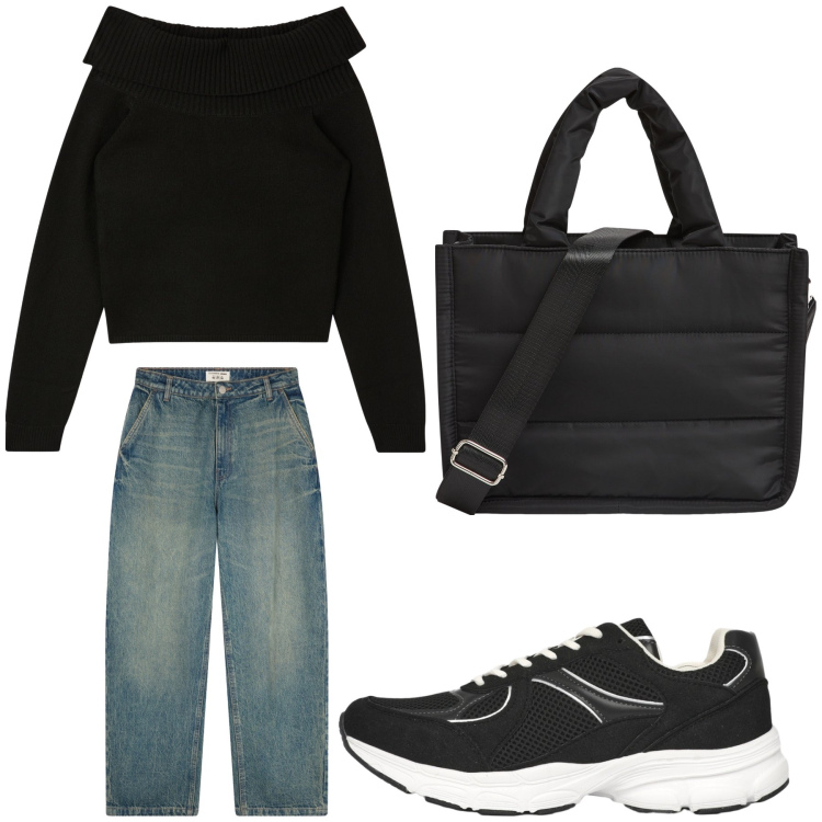 Outfit donna - Aperitivo. Stile Trendy per Tutti i giorni. Abbinamento con sneakers, shopping bag, maglieria, jeans.