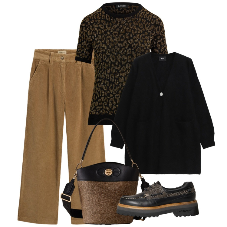 Outfit donna - Bon ton animalier. Stile Bon Ton per Ufficio. Abbinamento con borse a secchiello, cardigans, maglieria, mocassini, pantaloni.