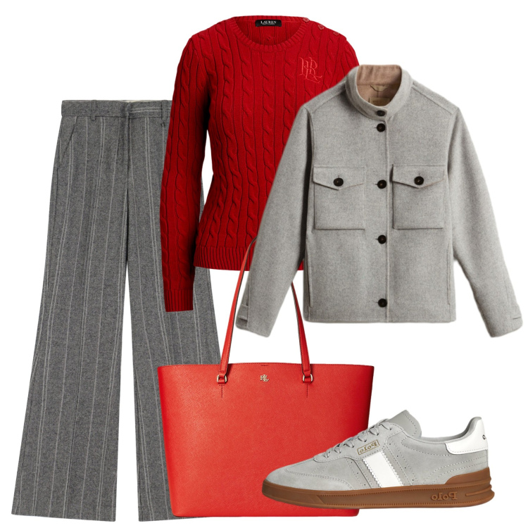 Outfit donna - Gessato autunno. Stile Bon Ton per Ufficio. Abbinamento con pantaloni, maglieria, sneakers, borse tote, blazer.