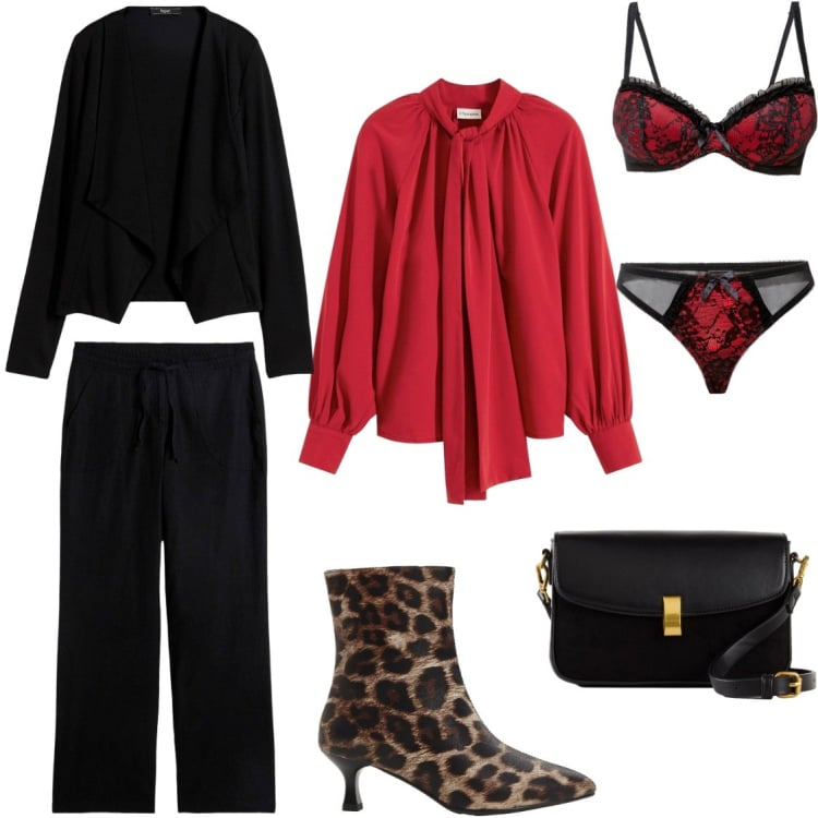 Outfit donna - Camicia rossa in satin. Stile Glamour per Serata fuori. Abbinamento con camicie, pantaloni a palazzo, blazer, reggiseni, borse a mano, stivaletti.