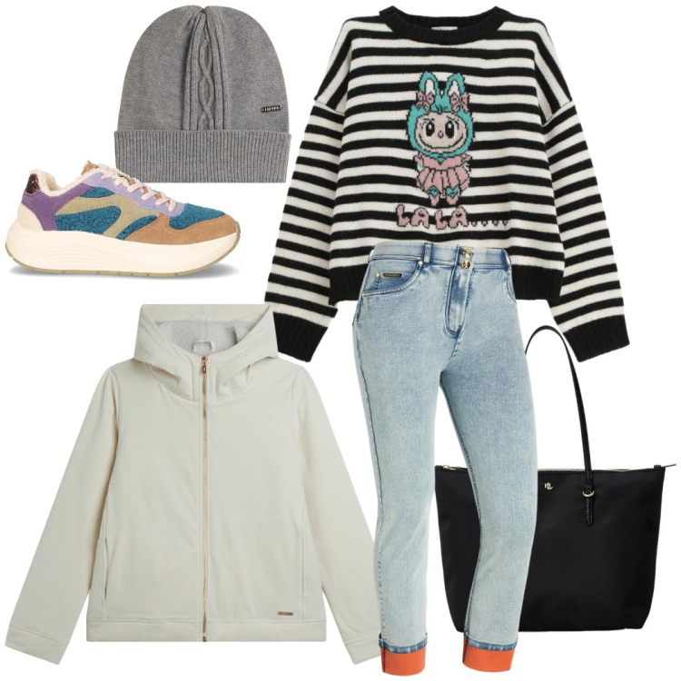 Outfit donna - A lezione. Stile Trendy per Scuola/Università. Abbinamento con maglieria, jeans dritti, blazer, berretti, borse tote, sneakers.