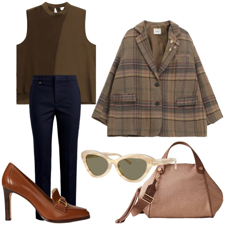 Outfit donna - In ufficio. Stile Casual chic per Ufficio. Abbinamento con borse a mano, top, blazer, pantaloni, occhiali da sole, décolleté.