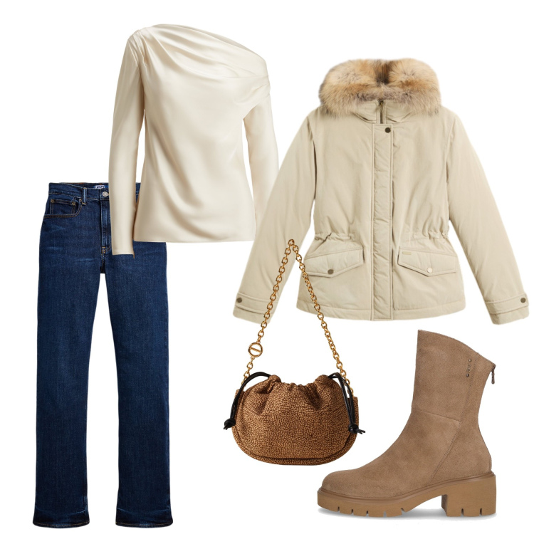 Outfit donna - Total look #2285456. Stile Casual per Tutti i giorni. Abbinamento con borse a spalla, bluse, jeans dritti, blazer, stivaletti.