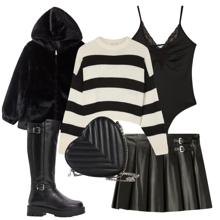 Outfit donna - Voglio la pelle nera. Stile Casual per Tutti i giorni. Abbinamento con stivali, borse a tracolla, ecopellicce, maglieria, minigonne, body.