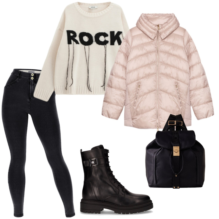 Outfit donna - Total look #2285458. Stile Casual per Tutti i giorni. Abbinamento con zaini, jeggings, maglieria, piumini, anfibi.