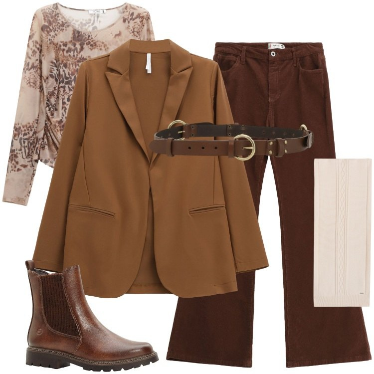 Outfit donna - Total look #2285459. Stile Urban per Tutti i giorni. Abbinamento con stivaletti chelsea, maglieria, pantaloni, blazer, cinture, sciarpe.